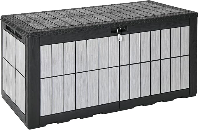 YITAHOME 134 Gallon Large Deck Box, Waterproof Resin Outdoor Storage Box with Lock, Doubles as Bench Seating for Patio Furniture Cushions,Garden Tools & Pool Accessories, Black & Wood-Grain Gray