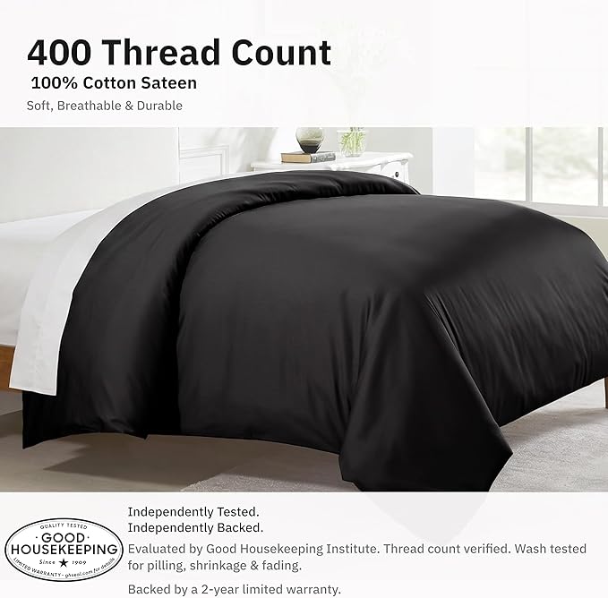 Duvet Cover King Size Only - Premium 400 Thread Count, Natural 100% Cotton King Comforter Cover, Soft Sateen Weave, Button Closure and Corner Ties - Black