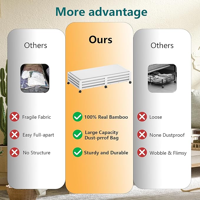 Wisuce Bamboo Under Bed Storage Containers- Underbed Organizer with Wheels with Dust Bag,Sturdy Wood Rolling Under the Bed Shoe Storage Organizer Drawers (White, 2 Pack (33.07"×16.54"))