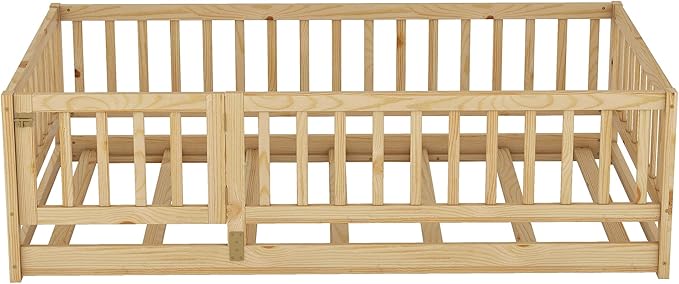 Bellemave Twin Size Montessori Floor Bed with 21.5" High Rails and Slats, Pine,Plywood Floor Bed with Small Door, Natural