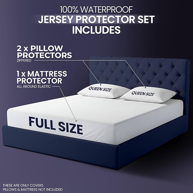 Waterproof Mattress Protector and Pillow Cases, Full Size, Includes +2 Zippered Pillow Protectors and 1 Mattress Cover Set, Fitted Sheet Style Deep Pockets with All Around Elastic