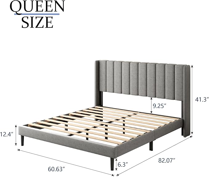 Gruwans Queen Size Bed Frame with Upholstered Wingback Headboard, Easy Assemnly Platform Bed, Wooden Slat Support No Box Spring Needed, Light Gray