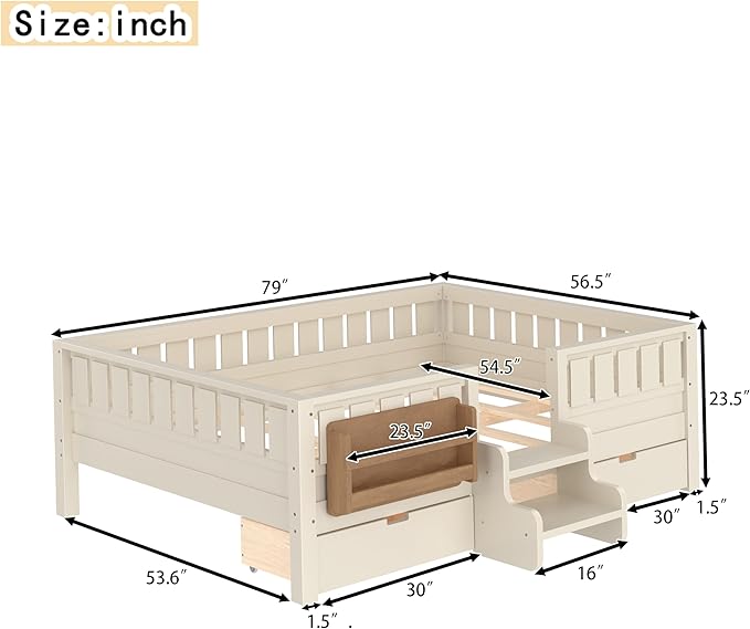Bellemave Full Size Kids Montessori Bed with Stairs and Bookshelf,Solid Wood Full Size Kids Bed Frame with Drawers and Storage for Girls Boys,Low-Profile,Beige