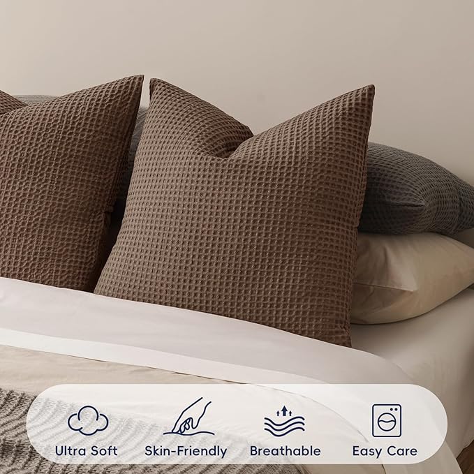 PHF Ultra Soft Waffle Weave Euro Shams Pillow Covers, No Filling, 2 Pack 26" x 26" Bed Cushion Covers, Breathable & Skin-Friendly Bed Pillow Shams for Stylish Home Decor, Mocha