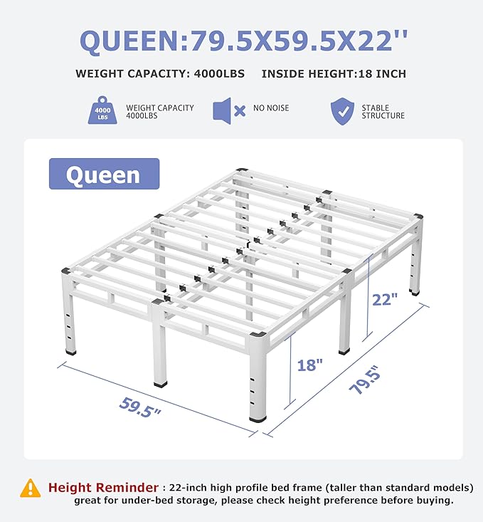 NKZ 22 Inch Queen Size Bed Frame, Metal Bed Frame & Box Spring 2 in 1 Platform with Round Corner Legs, 4000Lbs Heavy Duty Metal Frame, Mattress Slide Stopper, Headboard Hole, Noise-Free, Easy Assembly