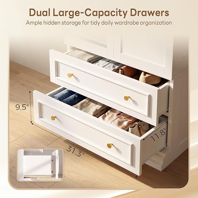 LIKIMIO Armoire Wardrobe Closet with Full Length Mirror, 2 Drawers, 71" Freestanding Bedroom Armoire with 3 Open Shelves, 3 Side Hooks & Hanging Rod, Clothing Storage Cabinet for Bedroom, White