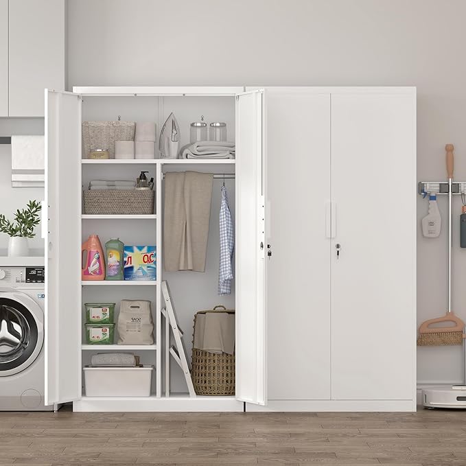 IRONFFICE Metal Wardrobe Closet,Lockable Clothing Storage Cabinet with Adjustable Shelves,Armoire Wardrobe Closet,Steel Wardrobe Armoire for Bedroom,Home,White