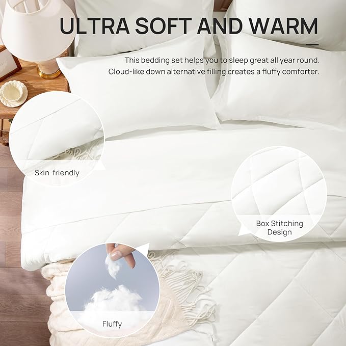 Love's cabin Twin XL Comforter Set Ivory, 5 Pieces Twin XL Bed in a Bag, All Season Bedding Sets with 1 Comforter, 1 Flat Sheet, 1 Fitted Sheet, 1 Pillowcase and 1 Pillow Sham | Soft, Breathable, Lightweight, Comfortable