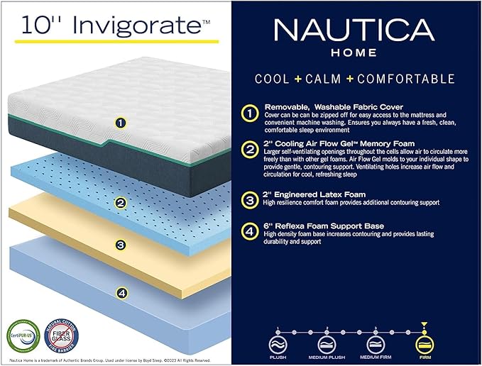 Nautica Home Invigorate 10" Medium-Plush Gel Memory Foam Mattress with Cooling Air Flow and Pressure Relieving Foam Layers, Bed-in-a-Box, Queen White