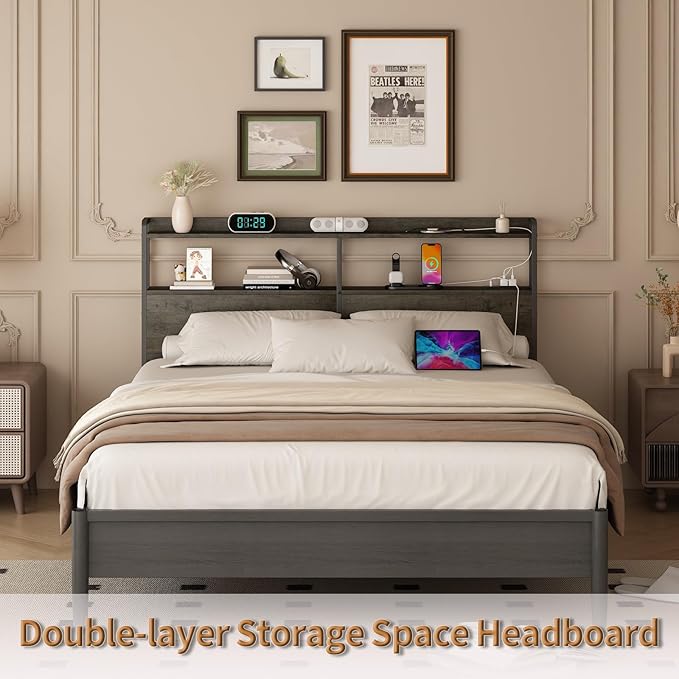 METYERRY Headboard for Queen Size Bed Frame with Storage, Height Adjustable, Headboards with Outlets, USB Ports, Type-C, LED Light, Sturdy and Stable Headboard, Black Oak,Bed Frame NOT Included