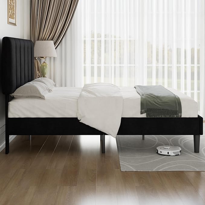 VECELO Full Bed Frame with Upholstered Headboard, Heavy-Duty Platform Bedframe with Strong Wooden Slats Support, No Boxing Spring Needed, Velvet & Black