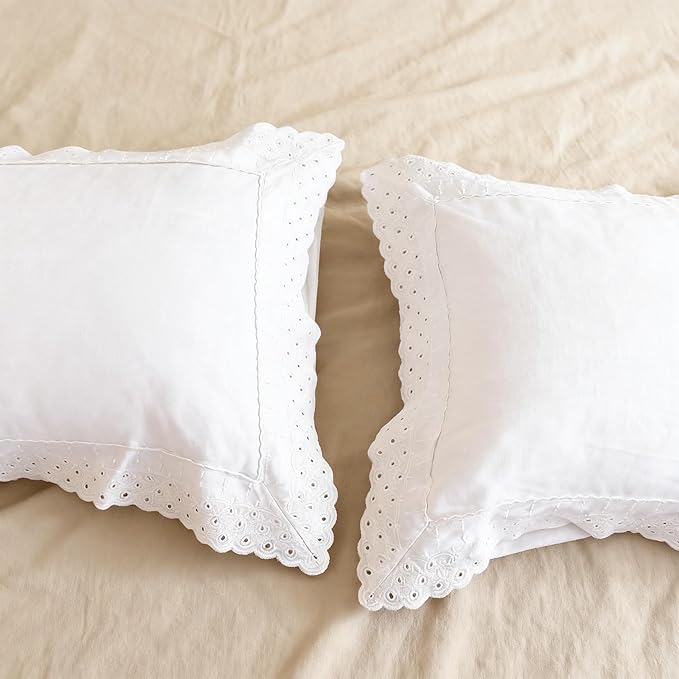 CHUFFED 100% French Linen Pillowcases with Embroidery Lace,French Vintage Style Stone Washed Breathable Pillow Covers King Size Set of 2 with Envelope Closure for Decor,20x36 inches,White