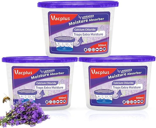 Vacplus Moisture Absorbers - Dehumidifiers for Closet, Efficient Humidity Absorber Boxes Collect Excess Moisture for Bathroom, Kitchen, Study, Lavender Fragrance, 3 Pack