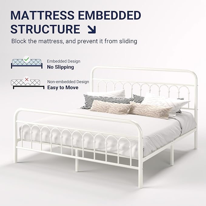 Allewie 14 Inches King Size Metal Platform Bed Frame with Victorian Style Curved Iron-Art Headboard/Footboard, Easy Assembly, Under Bed Storage, No Box Spring Required, Cream White