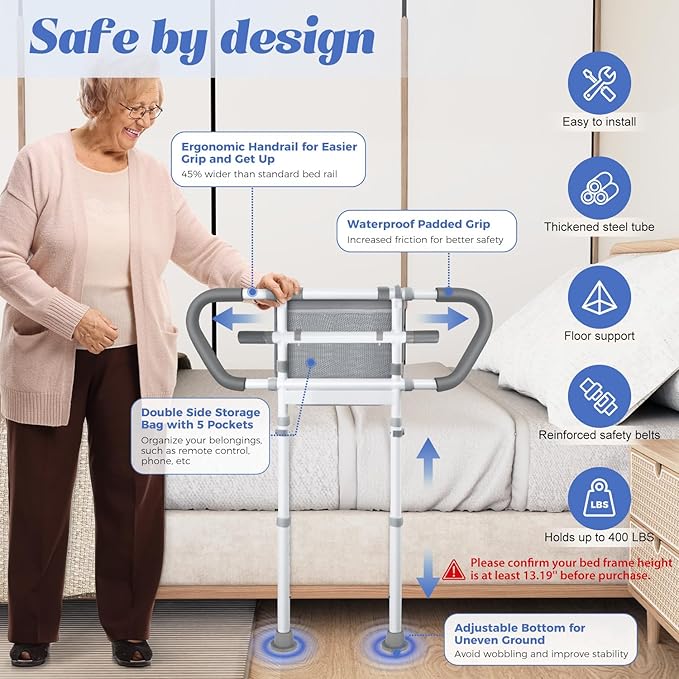 Bedside Rail for Elderly Safety Adjustable Bed Aid with Storage Pocket, Non-Slip Handle,400 lbs Gravity Capacity Gray(Stand-Compatible with Bed Frames 13.19" or Higher)