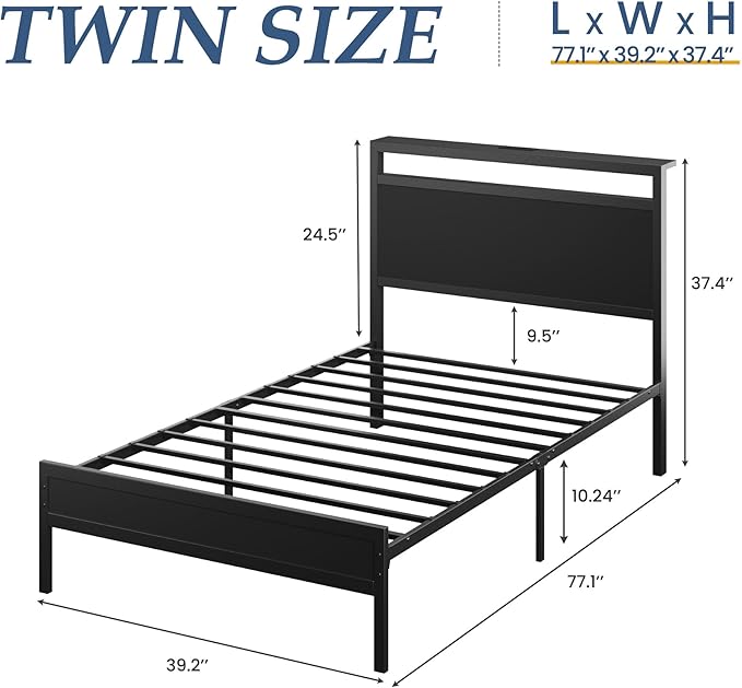 Fluest Twin Bed Frame with Headboard & Footboard, Twin Bed Frame with Charging Station & LED Light, Under-Bed-Storage, No Box Spring Needed, Noise Free, Easy Assembly, Classic Black