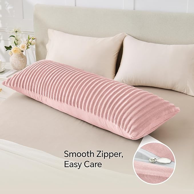 BEDELITE Fluffy Faux Fur Body Pillow Cover with Zipper, Luxury Plush 3D Striped Pillow Cover 20x54 Inches, Super Soft and Cozy Long Body Pillow Pillowcase for Bed Sofa Couch Room Decor(Pink)