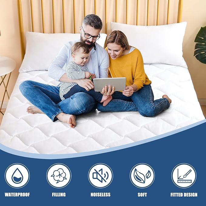 Twin Size Quilted Fitted Mattress Pad, Waterproof Breathable Cooling Mattress Protector, Stretches up to 21 Inches Deep Pocket Hollow Cotton Alternative Filling Noiseless Mattress Cover