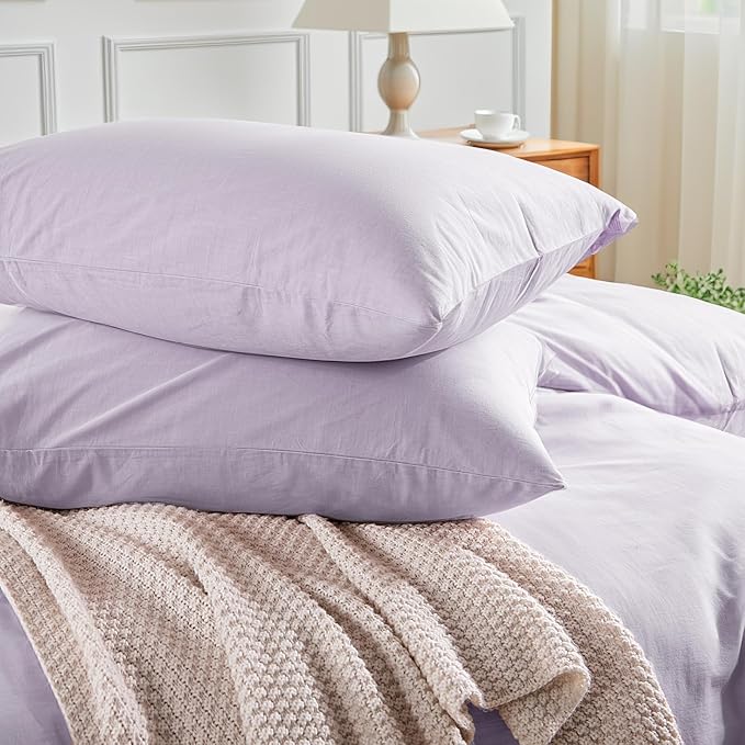 NEXHOME PRO King Duvet Cover Set, 100% Washed Cotton with Linen-Like Texture, Natural Organic, Breathable & Comfortable, Includes Home Bedding Set Lilac (No Comforter) 10490
