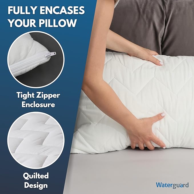 Waterguard Waterproof Pillow Protectors Quilted, Zippered Pillow Cases, 100% Cotton Top, Microfiber Filled Pillow Covers, Queen Size (20x30) Set of 2