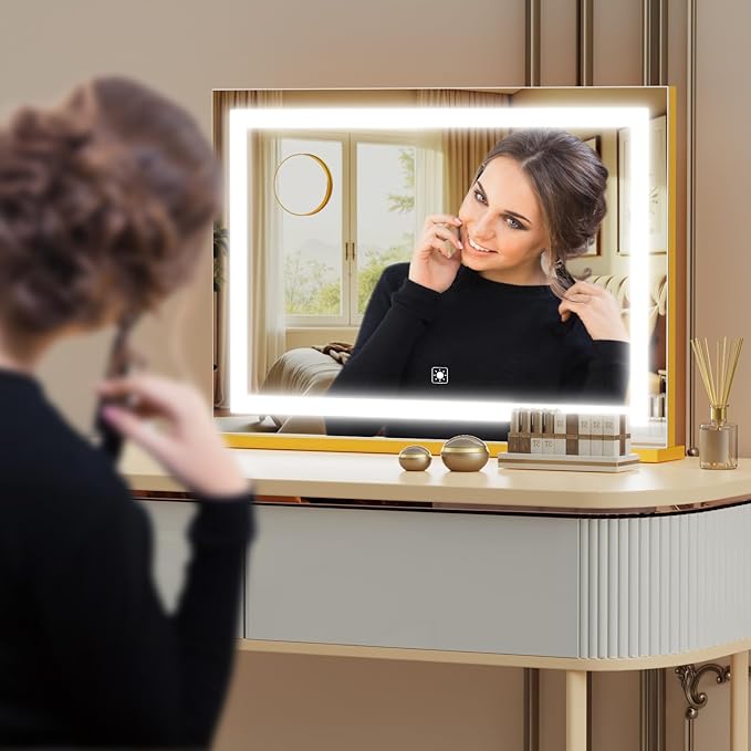 Gvnkvn Makeup Vanity Mirror with USB Charging Port 24" x 19" Large LED Makeup Mirror, Desk Mirorr with Lights, Light up Mirror with 10X Magnification and, Dimmable 3 Modes, Touch Control Gold