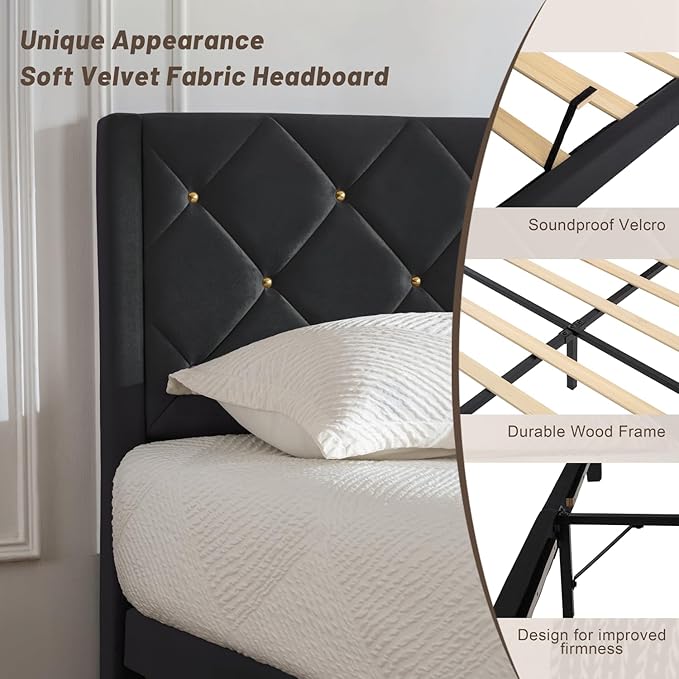 Full Bed Frame with Headboard, Bed Frame Full Size with Sturdy Wooden Slats Support, Platform Frame with Velvet Upholstered Headboard, Mattress Foundation, Easy Assembly, No Box Spring Needed Black