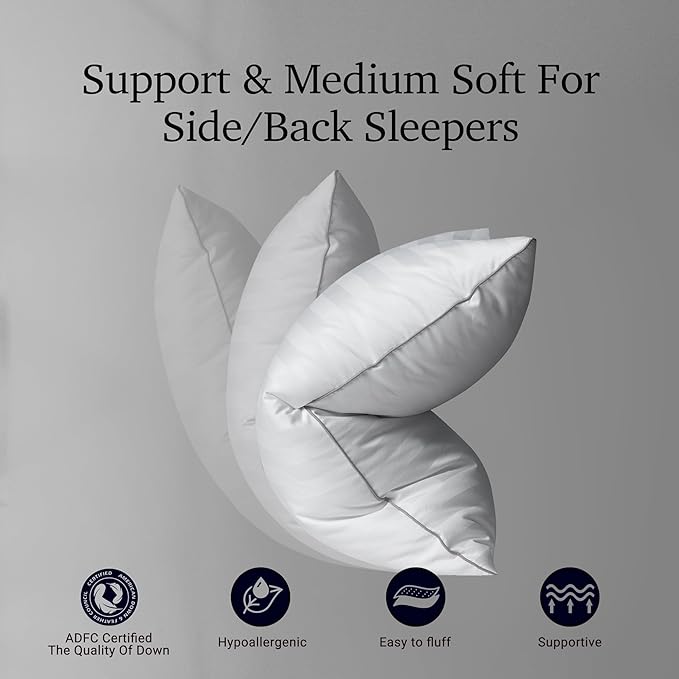Hotel Grand Bed Pillows Queen Size Set of 2 Packs - 500 Thread Count 100% Cotton Medium Firm Hypoallergenic Feather Down Pillows Machine Washable Pillow for Back, Stomach or Side Sleepers, 20"x28"