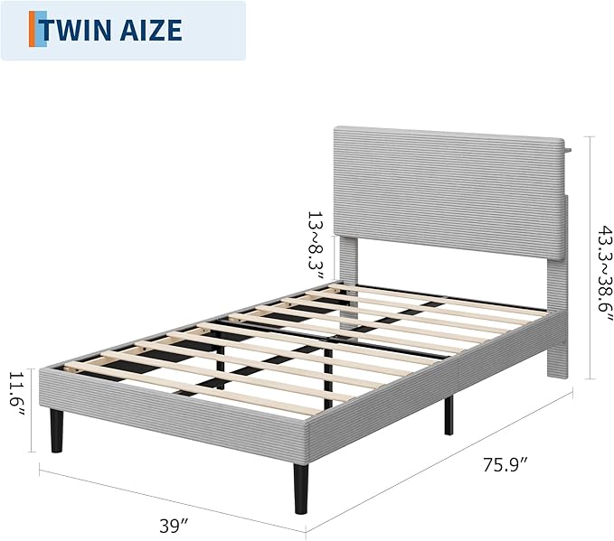 IDEALHOUSE Twin Size Bed Frame, Platform Bed with Adjustable Corduroy Upholstered Storage Headboard and Charging Station, Sturdy Metal Support, Noise Free, Easy Assembly, Gray