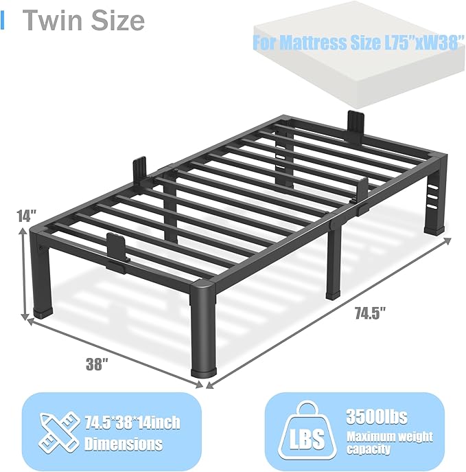 Yitong Angel 14 inch Twin Bed Frame with Rounded Corner Legs and Headboard Hole Mattress Slide Stopper 3500 LBS Heavy Duty Support Metal Platform,No Box Spring Needed, Noise Free, Easy Assembly