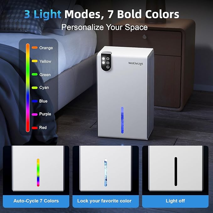 Dehumidifier for Home up to 1000 sq. ft, Small Quiet Dehumidifier with Drain Hose, 98oz Water Tank, Auto Shut Off & 7-Color Ambient Light, for Bedroom, Bathroom, Basement, Living Room (WhiteGrey)