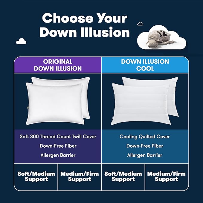 Serta Down Illusion Soft Hypoallergenic Medium/Firm Bed Pillows for Side, Stomach or Back Sleepers (2 Pack), Queen, White