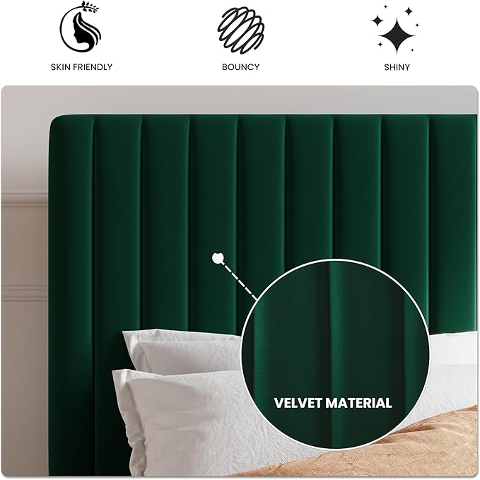 SHA CERLIN Full Upholstered Platform Bed Frame with Vertical Channel Tufted Velvet Fabric Adjustable Headboard, Wooden Slats Support, Mattress Foundation, Box Spring Optional, Green