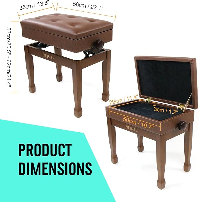Adjustable Height Piano Stool Bench PU Leather Cushion Wooden Keyboard Seat with Music Storage (Wood)