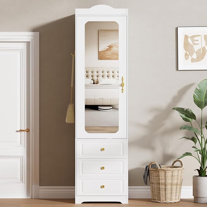 Armoire Wardrobe Closet, Updated White Bedroom Armoires Cabinet with Mirror Door and 3 Drawers, 15.7" W/69.5" H Clothing Storage Cabinet with Hanging Rod & Sensor Light for Bedroom-Left