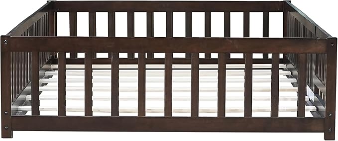Bellemave Full Size Montessori Floor Bed Frame with Rails & Door, Solid Wood Kids Floor Bed Full with Removable Slats, Low Profile Montessori Bed for Children’s Sleep & Play, Espresso
