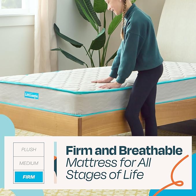 Linenspa 6 Inch Mattress - Firm Feel - Bonnell Spring with Foam Layer - Mattress in a Box - Youth or Kids Bed - Guest Bedroom - Durable and Breathable Support - Affordable - Twin XL Size