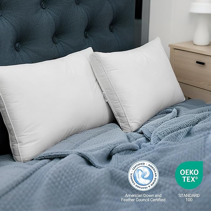 Hotel Grand Luxury Goose Feather & Down Fiber Pillows King Size Set of 2, Firm Support Gusseted Design, 100% Cotton Cover, No-Flat Fluffy Comfort for Side and Back Sleepers