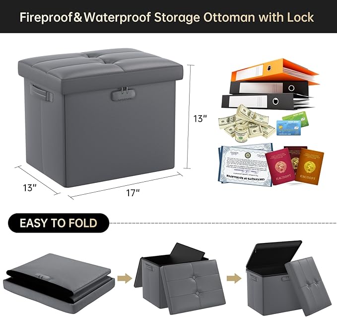 DocSafe Storage Ottoman with Lock,Fireproof Folding Ottoman Foot Rest Stool Storage Chest with Storage Safe for Important Documents,Waterproof 17 Inches Short Ottoman Foot Stool with Handles,Grey