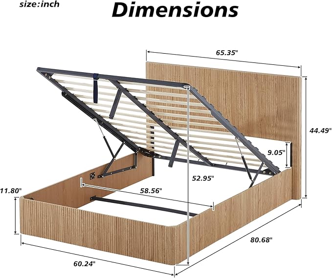 Bellemave Queen Lift Up Storage Bed, Oak Wood Lift Up Bedframe,Wooden Corrugated Curved Lines, Hydraulic Storage,Oak