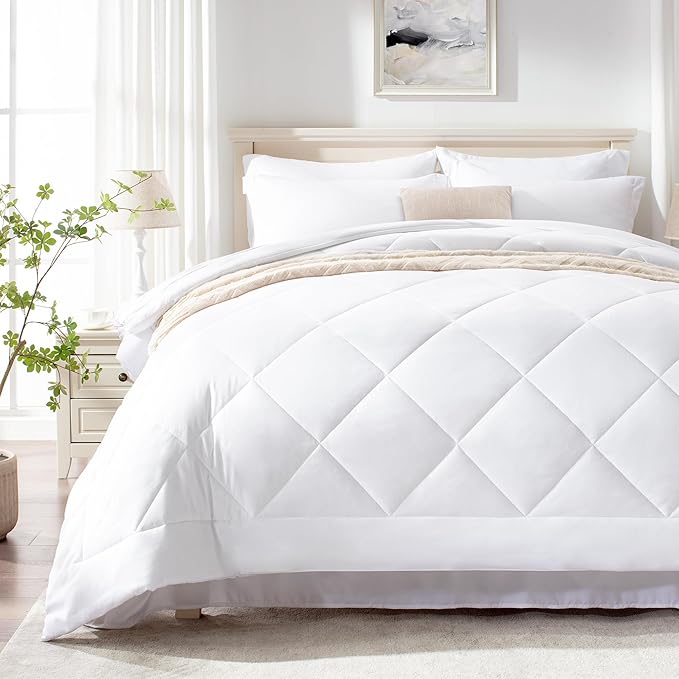 Love's cabin Queen Comforter Set White, 7 Pieces Queen Bed in a Bag, All Season Bedding Sets with 1 Comforter, 1 Flat Sheet, 1 Fitted Sheet, 2 Pillowcase and 2 Pillow Sham | Soft, Breathable, Lightweight, Comfortable
