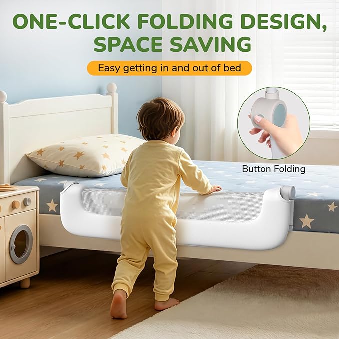 Bed Guard Rail for Toddlers - 47" Adjustable Heights & Folding up Portable Bed Railing for Baby - Toddler Bed Rails Guard for Crib, Twin, Bunk,Full Size, Queen & King Bed (White)