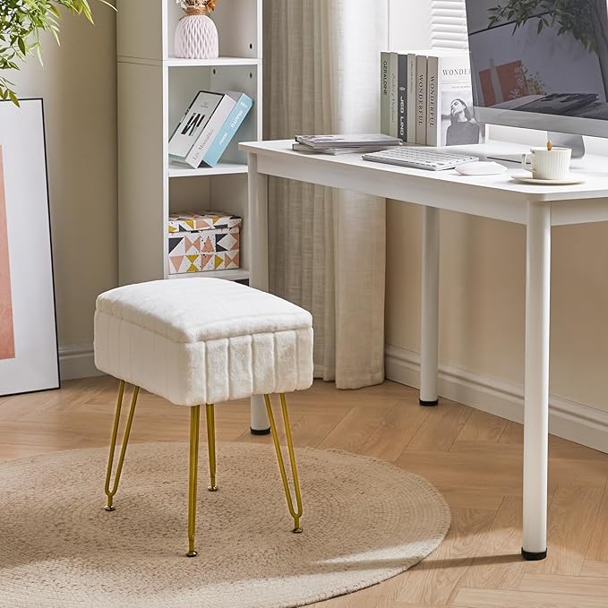 IBUYKE Vanity Chair with Storage Space, Footrest Ottoman, Small Side Table, Vanity Stool for Makeup Room, Bedroom, with Anti-Slip Feet, Faux Fur, White LG-50W