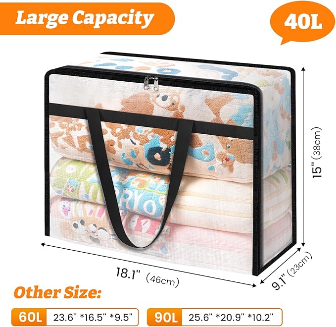 BlissTotes 8 Pack Clear Clothes Storage Bags, Moving Bags, Foldable Blanket Storage Under Bed Storage Containers with Sturdy Zipper and Handle for Clothing, Comforter, Bedding, Sheet (40L)
