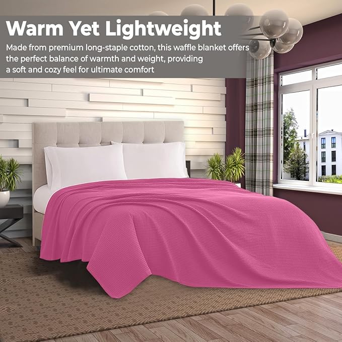 100% Cotton Blankets for Bed - Waffle Weave Blankets for Summer, Lightweight and Breathable Soft Woven Blanket for Spring (Pink, Throw (50" x 60"))
