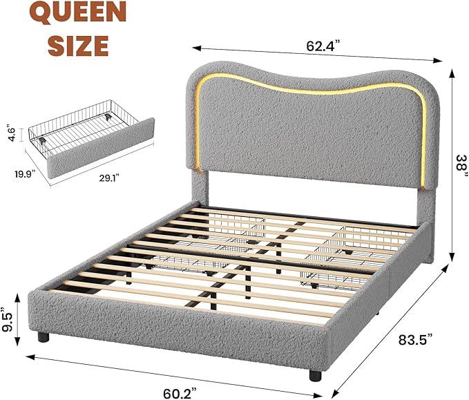 GarveeHome LED Queen Bed Frame with 2 Drawers and Headboard, Cute Upholstered Bed with Storage, Sturdy Platform Bed, No Box Spring Needed, Wooden Slats, Noise Free, Grey