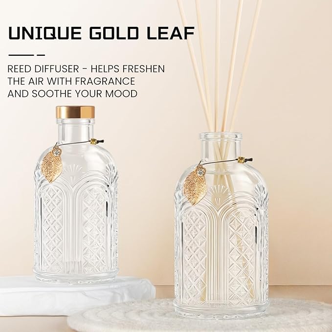 Glass Reed Diffusers Bottles for Home, Diffuser Bottles with 40PCS Reed Diffuser Sticks, Vintage Embossed Apothecary Style Flower Bud Vases with Cork Lids, Set of 6