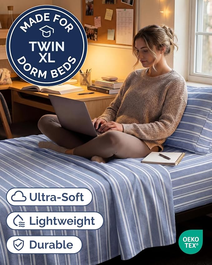 Twin XL Size 3 Piece Sheet Set - Comfy Breathable & Cooling Sheets - Hotel Luxury Bed Sheets for Women & Men - Deep Pockets, Easy-Fit, Soft & Wrinkle Free Sheets - Blue Stripes Oeko-Tex Bed Sheet Set
