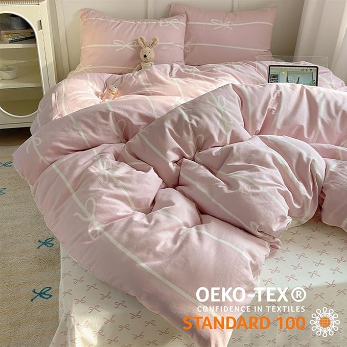 Nayoroom Pink Bow Duvet Cover Queen Size Kids Girls Cute Coquette Bedding Set 3 Pcs Soft Microfiber Reversible White Striped Comforter Cover Gifts for Women