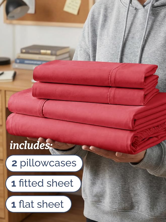 Twin XL 4 Piece Sheet Set - Comfy, Breathable & Cooling - Hotel Luxury Bedding for Women, Men, Kids, Teens and Children - 1 Flat & 1 Fitted Sheet & 2 Pillowcases w/ Deep Pockets - Wrinkle Free - Red