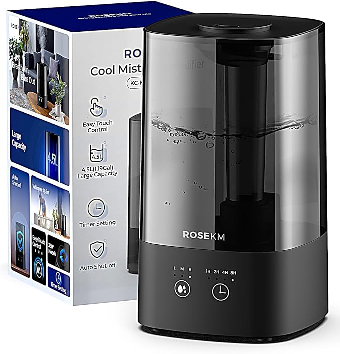 ROSEKM 4.5L Humidifiers for Bedroom, Humidifiers for Home Large Room, Cool Mist Humidfiers for Baby and Plant with Timer, Adjustable Mist Level, 360° Nozzle, Auto Shut-Off, Black